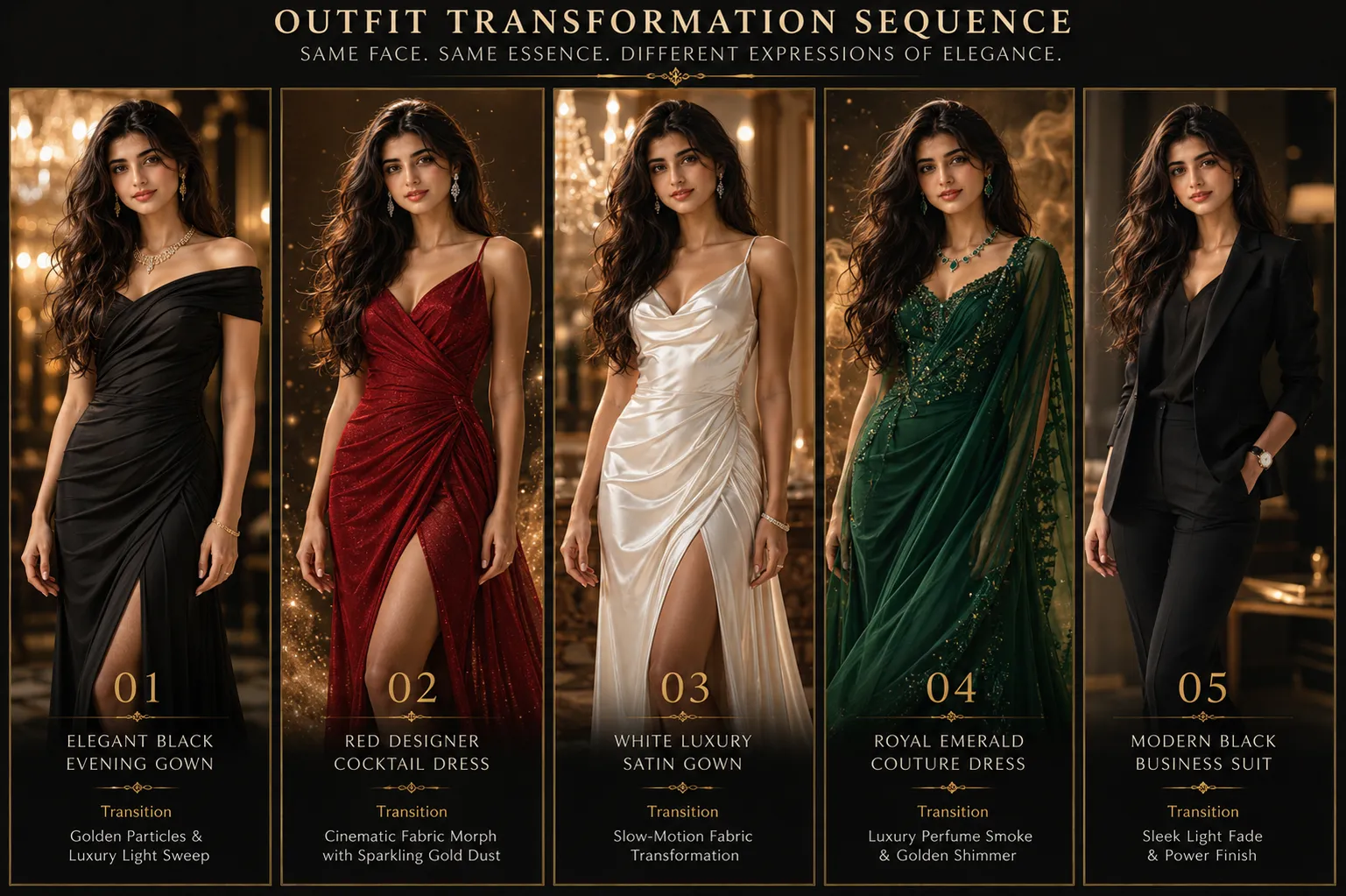AI Fashion Outfit Transformation | Luxury Dress Change with Same Character | Cinematic 8K AI Fashion Film Video Thumbnail