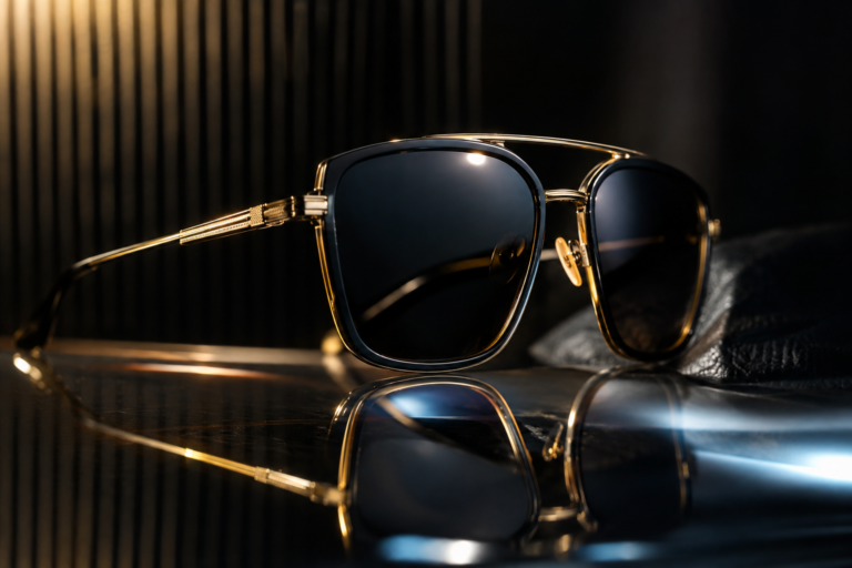 Cinematic Eyewear Product Shot, Sleek Luxury Sunglasses On A Reflective Dark - KiranAI Studio AI Video Production